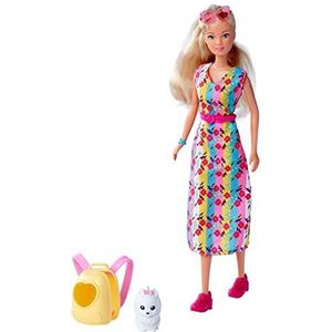 Simba 105733533 - Steffi Love GoGo Puppy, kleedpop in een kleurrijke jurk met coole hondenrugzak en hond, pop 29 cm, vanaf 3 jaar