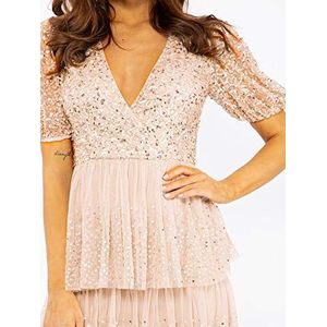Maya Deluxe Maya Taupe Blush Korte Mouw Verfraaide Tiered Maxi Jurk Bruidsmeisje, Taupe Blush, 34