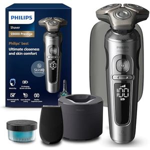 Philips Shaver S9000 Prestige, scheerapparaat voor nat en droog scheren, Helder Chroom, Lift & Cut en SkinIQ-technologie, precisietrimmer, reinigingspod en hoogwaardig opbergetui, model SP9841/32