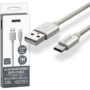 V-TAC 1 meter USB-C naar USB A-kabel voor smartphone, computer, tablet, type C-kabel voor snel opladen, 2.A en gegevensoverdracht, compatibel met Apple Huawei en Samsung, zilver