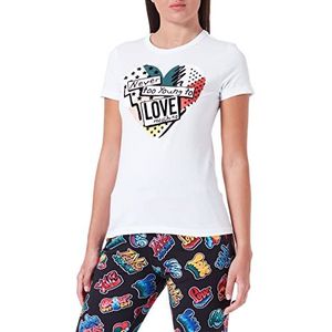 Love Moschino Dames slim fit korte mouwen met patchwork hart print T-shirt, wit (optical white), 44
