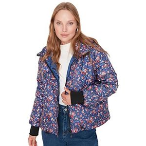Trendyol Dames capuchon Floral Regular winterjas jas, marineblauw/multi-kleur, S, Marineblauw/multi-kleur, S