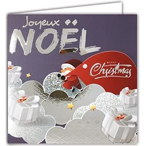 Afie 23004 Vierkante Kaart Kerstman Vrolijke Wolken Glanzende Zilveren Geschenken Feestdagen - Met Witte Envelop