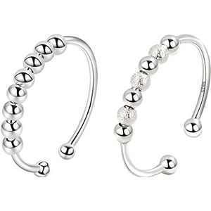 VELESAY Spinner ring, 925 zilver, sterling zilver, anxiety-ring met kralen, spinner fidgetring, verstelbare anti-stressring, voor dames, Metaal