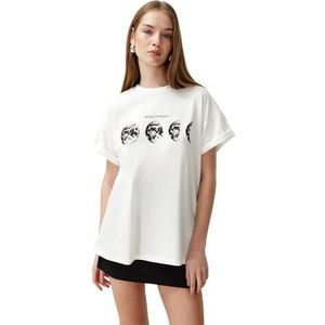 Trendyol Dames Wit Bedrukt Boyfriend Knitted T-Shirt, XL