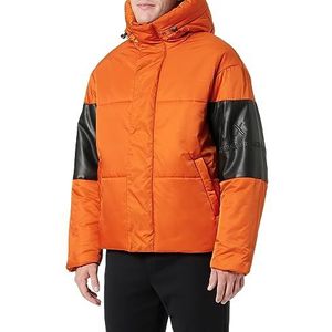 Armani Exchange Men's Sustainable, Faux Leather Insert, Hooded Nek, Casual Fit Shell Jacket, Ember Orange/Black, Small, Ember Orange/Black, S