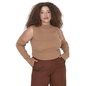 TRENDYOL Vrouwen grote maten nauwsluitende bodycon hoogsluitende kraag tricot plus-size blouse, bruin, 3XL
