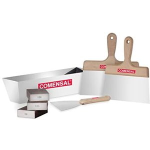 COMENSAL® - Spatelkast van roestvrij staal, 7-delige set, breedplamuur 200/240, spatel 150, schuurspons 3-delig, ergonomische handgreep, made in EU