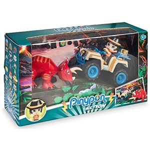 Pinypon Action - Wild Quad met dino, een set bestaande uit een speelgoedwagen, een rode styracosaurus en een pinypon-ontdekker, voor kinderen vanaf 4 jaar, Famosa (700016772)
