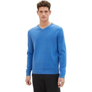TOM TAILOR Basic pullover voor heren met V-hals van katoen, 34761 - Zure Blue Melange, XL