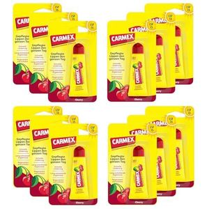 Carmex Cherry Tube Lippenverzorging voor droge lippen, hydraterend en rustgevend voor gebarsten lippen, met zonnebescherming, vaseline, vitamine E en bijenwas, 12 x 10 g