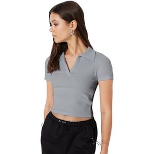 Trendyol Dames Lichtblauwe Polo-kraag Oogststof Flyillat gebreide blouse Blouse, Clear Blue, Small