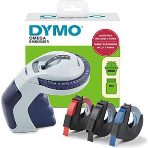 DYMO Embossing Label Maker met 3 labelbanden | Omega Label Maker Starter Kit | Klein, ergonomisch ontwerp met draaiklikwiel | voor thuis, doe-het-zelf en knutselen (€, Å, Ä, Æ & Ö)