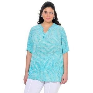 Ulla Popken Damesblouse met palmprint, Diep aqua, 54-56