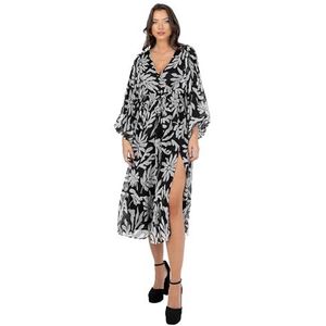 Lovedrobe Dames midi-jurk dames V-hals lange ballonmouw faux wrap dij split gespleten taille kwastje riem A-lijn Smart Casual, Zwart, 38