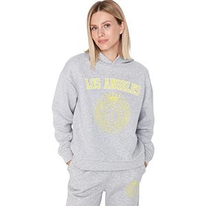 TRENDYOL Dames Hood met Slogan Slim Sweatshirt, Grijs, M, grijs, M
