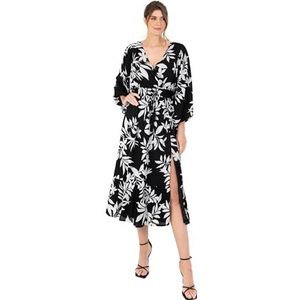 Lovedrobe Damesjurk, midi-jurk, V-hals, lange balmouwen, valse wrap thigh split shirred taille cup riem A-lijn slim casual effen kleur 54, Monochroom, 52 NL