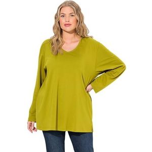 Ulla Popken Dames grote maten plus size shirt, V-hals, relaxed, lange mouwen, olijf, 46/48 NL