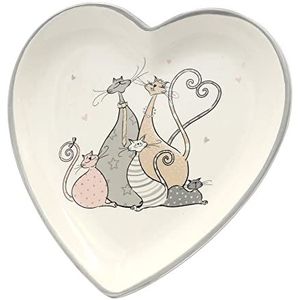 Keramische schaal, serveerschaal, decobord in hartvorm met kattenfamilie, grijs - crème/wit, afmetingen L/B/H: ca. 20 x 20 x 3 cm