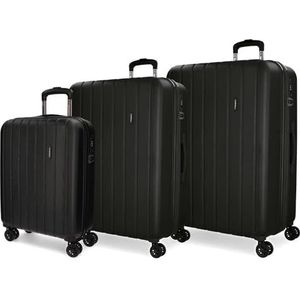 Movom Wood kofferset zwart 55/65/75 cm stijve ABS-sluiting TSA 217L 11,3 kg 4 dubbele wielen handbagage, Zwart, Eén maat, Koffer Set
