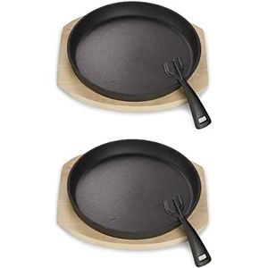 ECHTWERK Serveerpan van gietijzer, grillpan met serveerplank, afneembare handgreep, al ingebrand, geschikt voor oven, barbecue en barbecue, 2-delig, rond 25 x 3 cm