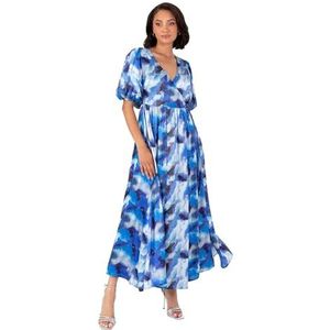 Lovedrobe Dames Midaxi Jurk Dames Satijn Korte Pofmouw V-hals Wrap A-lijn Bloemenprint Avondgelegenheid Bruiloft Gast, Blauw 18, Blauw, 44