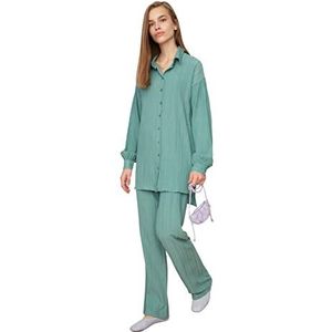 Trendyol Vrouwen Effen Elastische Taille Gedetailleerde Geweven Tuniek Bescheiden Boven-Bodem Sets, Groen, 64