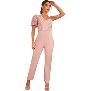 Chi Chi London Geborduurde jumpsuit met één schouder en pofmouwen voor dames in blush, Blozen, 36