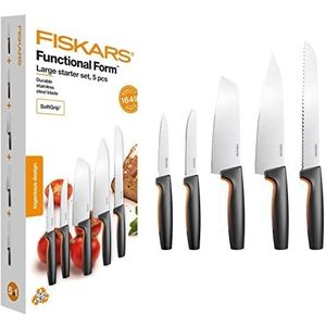 Fiskars Keukenmessen-set, messenset, 5 stuks, Functional Form, incl. koksmes (groot), groentemes, tomatenmes, santokumes en broodmes, Japans roestvrij staal/kunststof, 1057558