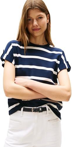 T-shirt - Dark Night Navy/Ivory Silk Streep - Korte Mouwen - Goudkleurige Knop