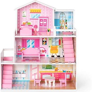 Houten poppenhuis - met 3 speelniveaus, poppenhuis meubelset met veel speelhuis-accessoires, geleverd voor poppen tussen 7-12 cm poppenhuis voor meisjes en jongens vanaf 3 jaar
