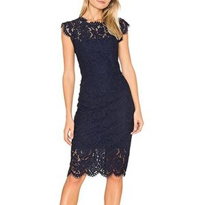 MEROKEETY Elegante cocktailjurk voor dames, mouwloos, kant, bloemen, ronde hals, knielang voor feestjes, Donkerblauw, L