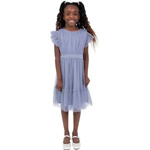 Anaya with Love Maya Maya Deluxe Bloemenjurk Bruidsmeisje Kinderen Ronde Hals Korte Flutter Mouw Strik Tule Ruche Prinses Kids, leiblauw, 7-8 jaar