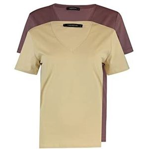 Trendyol Dames Brown-Beige 100% Katoen Suprem V-hals 2 Pakket Gebreide T-shirt, XS
