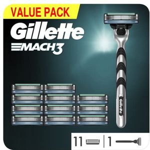 Gillette Mach3 scheerapparaat voor heren, 12 stalen messen voor nauwkeurig snijden en tot 15 scheerbeurten per lemmet