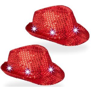 Relaxdays glitter hoed, set van 2, met 6 leds, 3 lichtstanden, pailletten, dames, heren, carnaval, cowboyfeest, rood