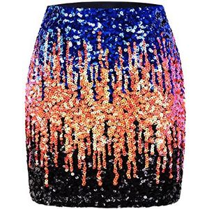 MANER Vrouwen Pailletten Rok Sparkle Stretchy Bodycon Mini Rokken Night Out Party, Royal Blue/Oranje/Zwart, S