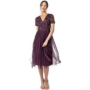 Maya Deluxe Midi-jurk voor dames, met V-hals, versierde bruidsmeisjesjurk, berry, 56 NL