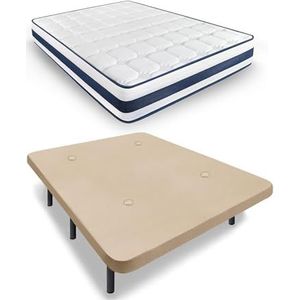 HOGAR24 ES Compleet bed, gevoerde basis + MultiCare Class matras, ventilatieventielen, beige, 26 cm beenset, progressief aanpassingsvermogen, 135 x 190 cm