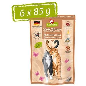 GranataPet DeliCatessen kalkoen & fazant, natte voer voor je kat, voedsel voor katten zonder granen en zonder toegevoegde suikers, lekker en gezond voer voor gourmets, 6 x 85 g blikken