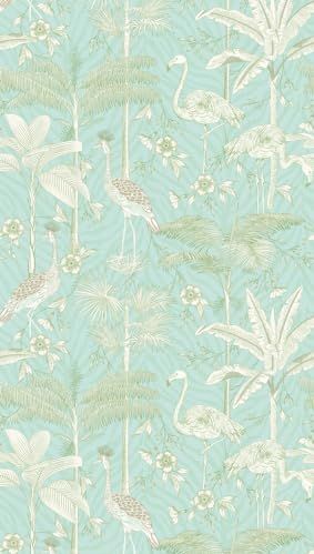Livingwalls Vliesbehang - Behang Flamingo in wit, groen en lichtblauw - wandbehang voor verschillende ruimtes - wandafbeelding XXL 2,80 m x 1,59 m