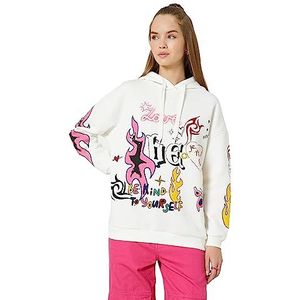 Koton Women Graffiti Printed Long Sleeve Ribbed Hoodie, ecru(010), L