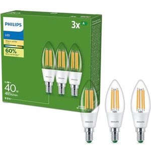 Philips transparante Ultra-Efficient kaarslamp (3-pack), 40W, E14, warmwit licht 2700K, Energielabel A