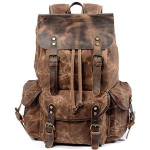 WUDON Leren rugzak voor mannen, gewaxt canvas schouderrugzak handbagage reisrugzak, Koffie, L, Reisrugzak