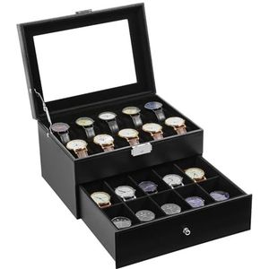 Uten Watch Box 20 vakken, 2-laags horlogekast met sleutelslot, glazen deksel, horloge-display opbergdoos voor mannen en vrouwen, zwart synthetisch leer, zwarte fluwelen voering, afneembare kussens