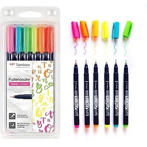 Tombow WS-BH-6P Brush Pen Fudenosuke Neon Set van 6, harde punt, roze, geel, groen, oranje, rood, blauw
