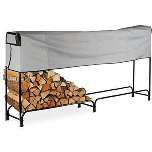 Relaxdays brandhout rek metaal, extra breed, met hoes, binnen of buiten, brandhoutopslag, metaal, 22 x 245 x 40cm, zwart