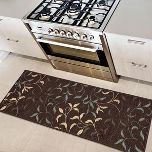 Machine wasbaar bladeren ontwerp antislip rubberback 2x5 traditioneel tapijt voor gang, keuken, slaapkamer, entree, 20 x 59 cm, bruin