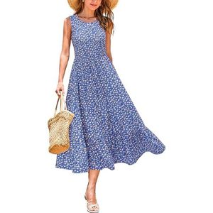 STYLEWORD Zomerjurk Dames Lange Bloemenjurk Midi Jurken A Lijn Swing Zomerjurk met Zakken, L