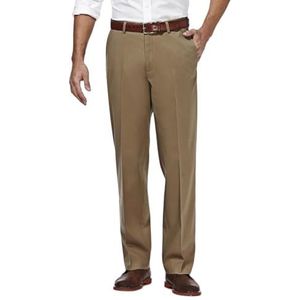 Haggar Mannen Premium No Iron Khaki Classic Fit Uitbreidbare Taille Platte Voorbroek (Regular en Big & Tall Maten), Brits Khaki, 32W / 32L